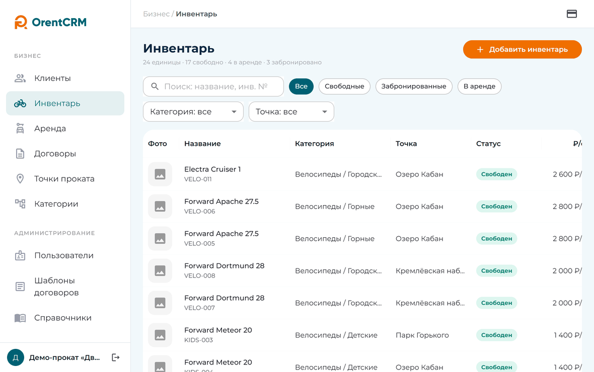 Список инвентаря в OrentCRM: статус каждой единицы, категория, точка и цена