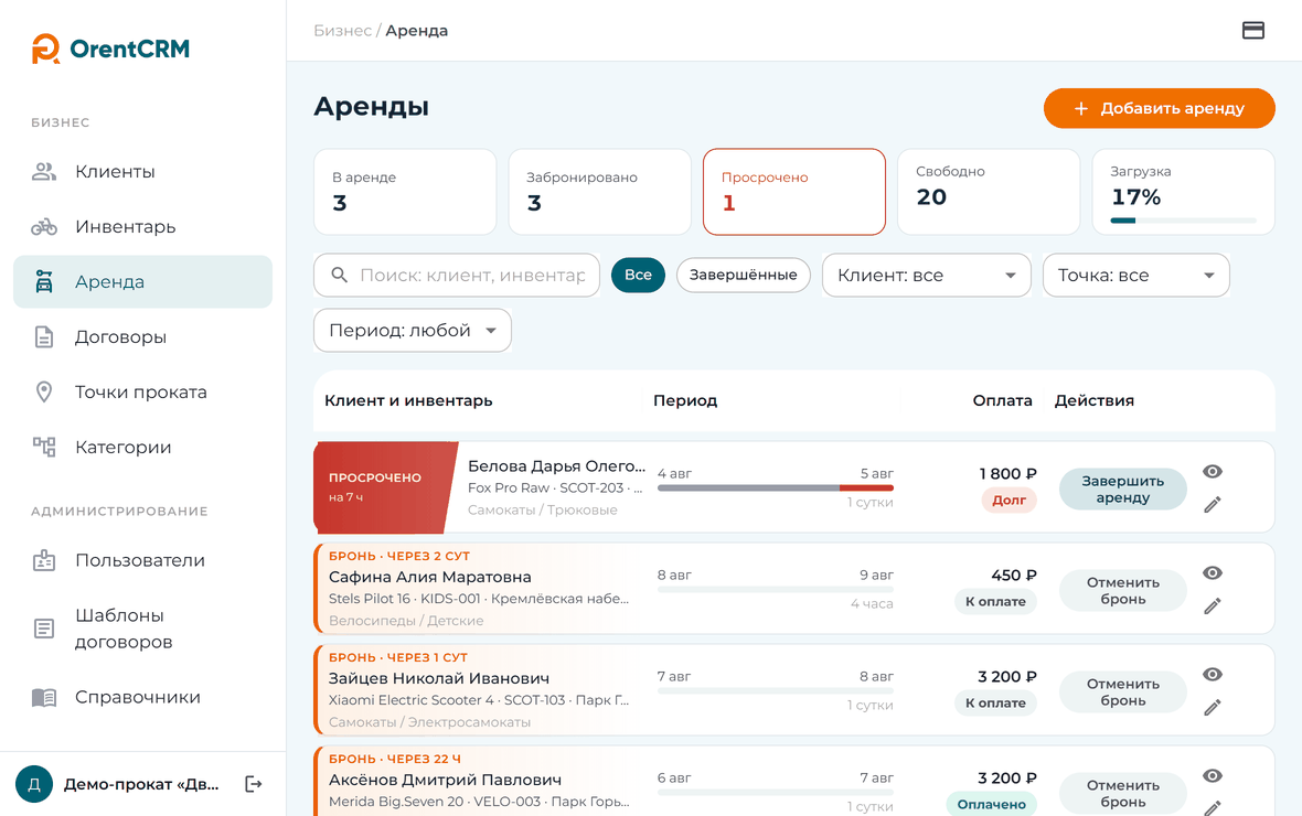 Экран «Аренды» в OrentCRM: сроки, статусы и оплата по каждой аренде